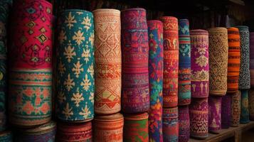 Colorful handmade fabric rolls arranged neatly in a textile workshop showcasing vibrant patterns and textures photo