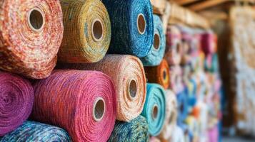 Colorful handmade fabric rolls arranged in a textile workshop showcasing craftsmanship and vibrant hues photo