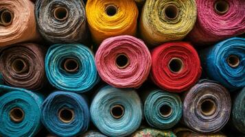 Colorful handmade fabric rolls neatly arranged in a textile workshop showcasing vibrant textiles photo