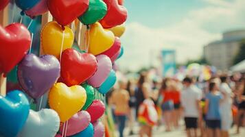 Colorful heart shaped balloons create a festive atmosphere at a lively party with friends enjoying a sunny day outdoors photo