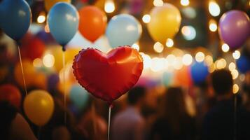 Colorful heart shaped balloons create a festive atmosphere at a lively party with happy guests enjoying the celebration photo