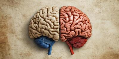Colorful representation of creative and analytical thinking embodied in a human brain on a textured background photo