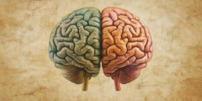 Colorful human brain illustration split into creative and analytical thinking on textured background photo