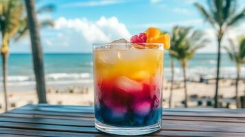 Colorful tropical cocktail with ice and fruit garnish on wooden table overlooking serene beach and palm trees photo