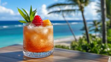 Colorful tropical cocktail garnished with fruit overlooks serene beach and palm trees on sunny day photo