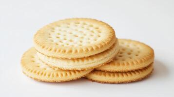 Delicious round cookies stacked together on a clean surface showcasing their golden-brown edges and textured patterns photo