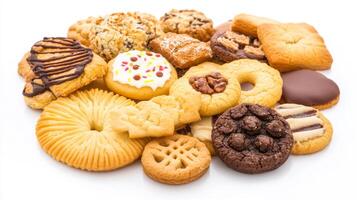Assorted cookies arranged on a white background showcasing a variety of shapes and flavors perfect for any dessert lover photo