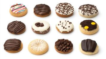 Colorful assortment of decorated cookies arranged on a white background for an inviting dessert display photo