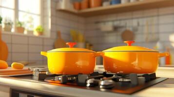 Bright orange cookware simmers on a modern stove in a cozy kitchen filled with natural light photo