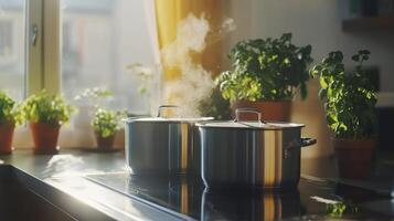 Cooking on a sunny day with steaming pots and fresh herbs in a bright kitchen photo
