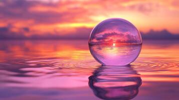 Colorful sunset reflection captured in a crystal sphere on tranquil water photo