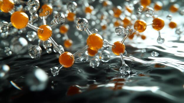 Molecules interacting over a rippling surface illuminated by soft light during a digital art representation photo