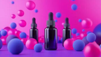 Colorful display of cosmetic bottles surrounded by vibrant spheres in a modern setting photo