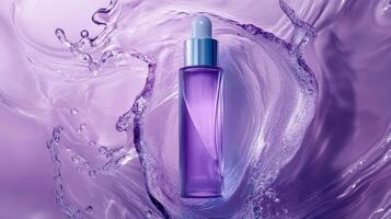 Elegant purple serum bottle surrounded by splashes of water with a smooth and modern design highlighting its beauty and effectiveness photo