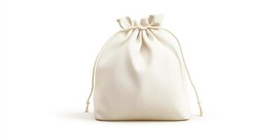Simple white fabric pouch with drawstring for storage or gift-giving sits on a clean surface photo