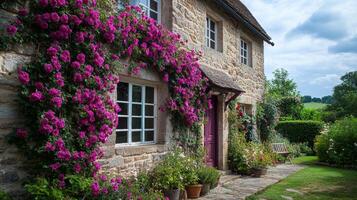 Charming stone cottage adorned with vibrant pink flowers in a serene garden setting photo