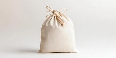 Decorative linen bag with drawstring closure placed on a light background photo