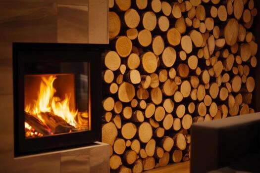 Cozy modern interior with a fireplace and stacked firewood in a warm setting during evening hours photo