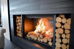 Cozy fireplace with crackling fire and neatly stacked logs in modern living room setting photo