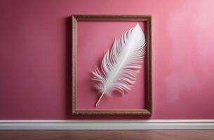 Peacock feather in a frame on a pink wall photo