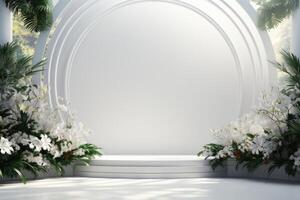Abstract white studio background for product presentation. Empty room with shadows from windows and flowers and palm leaves. 3D room with copy space. photo