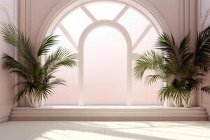 Abstract white studio background for product presentation. Empty room with shadows from windows and flowers and palm leaves. 3D room with copy space. photo