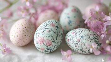 Delicate pastel Easter eggs with intricate floral designs surrounded by soft blossoms in a serene spring setting photo