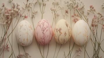 Delicate hand-painted pastel Easter eggs adorned with floral scenes in serene colors, lying amidst soft dried flowers photo
