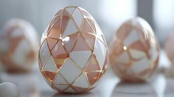 Elegant pastel Easter eggs adorned with intricate gold geometric patterns on a soft white background for seasonal decoration photo