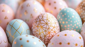 Pastel-colored Easter eggs with gold geometric patterns arranged on a soft white background for a festive spring celebration photo