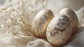 Easter celebration features pastel-colored eggs adorned with delicate gold geometric patterns on a soft white background photo