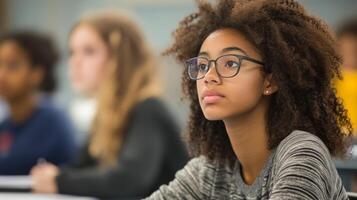 Student engaged in learning during a classroom session in a modern educational environment photo