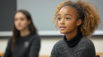 Young woman engaged in classroom discussion while another student listens attentively in a bright academic environment photo