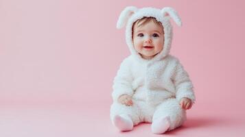 Baby in a cute white bunny outfit sitting on a pink background during a playful indoor moment photo