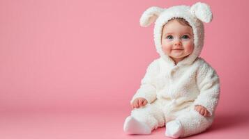Baby in a cute bunny costume smiles against a soft pink background in a cozy indoor setting photo