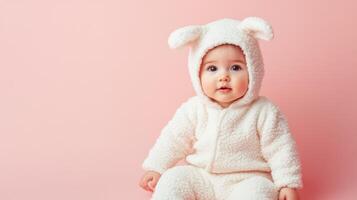 Cute baby in cozy bear outfit poses against a soft pink background during a playful indoor moment photo