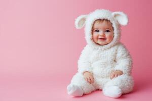Baby in fluffy lamb costume sits on pink backdrop with cheerful expression during playful indoor setting photo