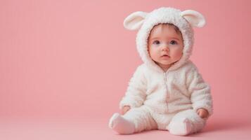 Cute baby in fluffy white bunny costume poses against a soft pink background, creating an adorable and playful atmosphere photo