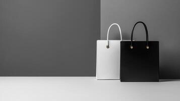 Stylish black and white bags displayed on a minimalist background in a modern setting with soft lighting photo