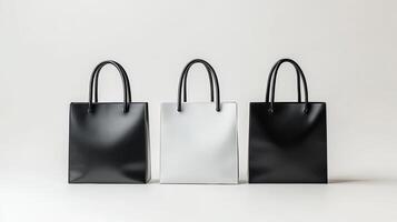 Stylish collection of three minimalist tote bags in black and white displayed neatly against a simple backdrop photo