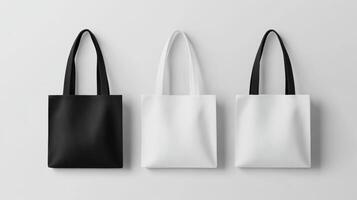 Stylish tote bags in black, white, and white with texture displayed against a neutral background photo