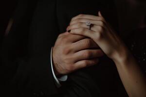 Couple's hands intertwine showcasing a beautiful engagement ring in a romantic setting during an intimate moment photo