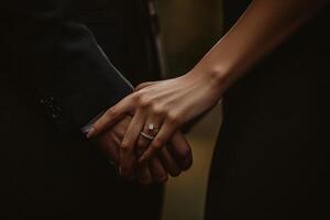Couple holding hands with an engagement ring in a romantic outdoor setting during golden hour photo