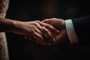 Couple shares a romantic moment as they display a sparkling engagement ring during a heartfelt celebration photo