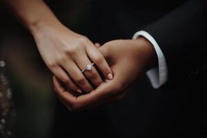 Couple holding hands with engagement ring during intimate moment in soft natural light photo