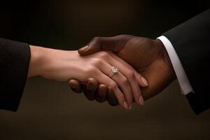 Couple holding hands with engagement ring in a tender display of love and commitment during an intimate moment photo