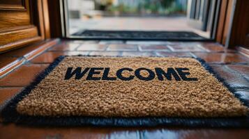 Welcome mat at the entrance of a cozy home encouraging guests to step inside and feel at ease photo