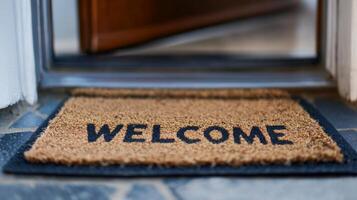 Welcome mat placed at the entrance of a home, inviting guests with a friendly message and a warm atmosphere photo