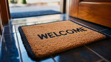 Cozy entrance with a welcome mat inviting guests into a home on a sunny day photo
