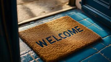Welcome mat placed at the entrance of a cozy home highlighting a bright and inviting atmosphere photo